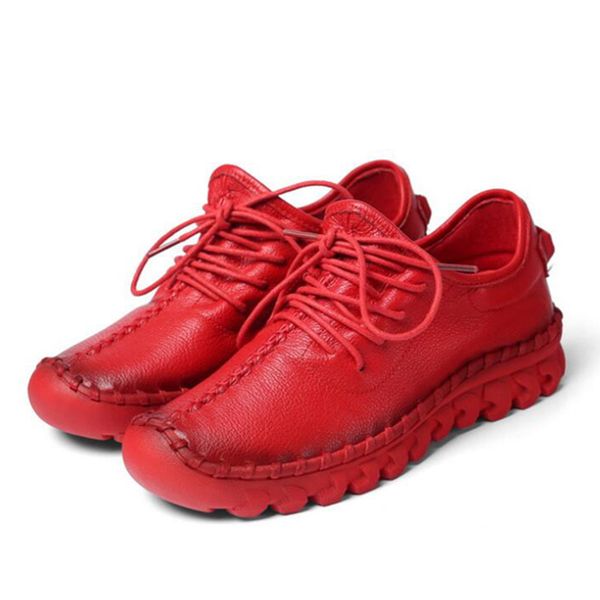 2019 new handmade genuine leather women shoe sneakers casual shoes for women flat shoes ladies lacing loafers, Red;white
