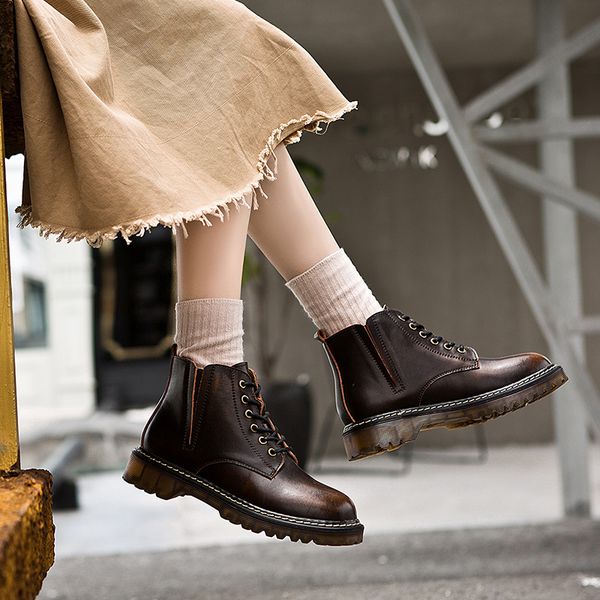 women's retro genuine leather shoes autumn new women ankle boots lace-up student ladies platform shoes botines mujer 2019, Black
women's retro genuine leather shoes autumn new women ankle boots lace-up student ladies platform shoes botines mujer 2019, Black