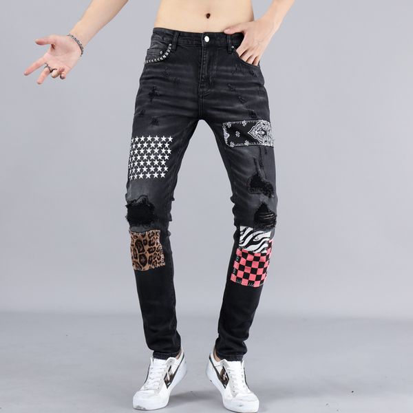 european and american high street fashion stickers printing men's designer jeans button nails punk style elastic slim fit small leg jea, Blue
european and american high street fashion stickers printing men's designer jeans button nails punk style elastic slim fit small leg jea, Blue