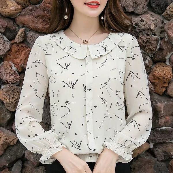 women spring summer style chiffon blouses women casual long sleeve peter pan collar print loose shirt elegant df3598, White
women spring summer style chiffon blouses women casual long sleeve peter pan collar print loose shirt elegant df3598, White
