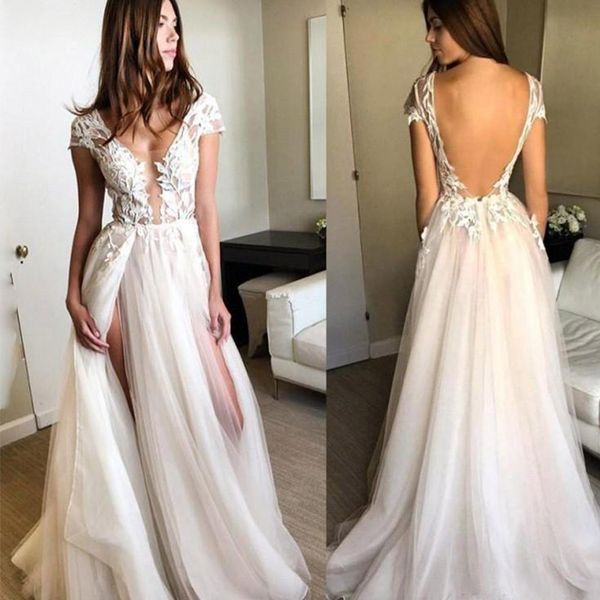 cap sleeves a-line tulle wedding dress custom made high split backless bridal gown party beach summer vestidos de noiva 2020, White
cap sleeves a-line tulle wedding dress custom made high split backless bridal gown party beach summer vestidos de noiva 2020, White
