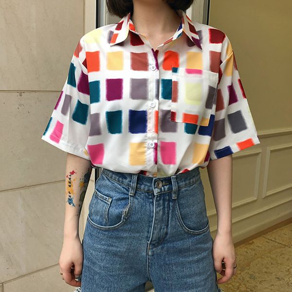 colorful cube printing women blouse 2020 summer short sleeve blouses shirts camisas femininas female, White
colorful cube printing women blouse 2020 summer short sleeve blouses shirts camisas femininas female, White