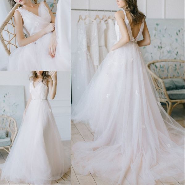 a line tulle summer wedding dress long delicate v neck appliques backless tulle sweep train bohemian wedding bridal gown, White
a line tulle summer wedding dress long delicate v neck appliques backless tulle sweep train bohemian wedding bridal gown, White