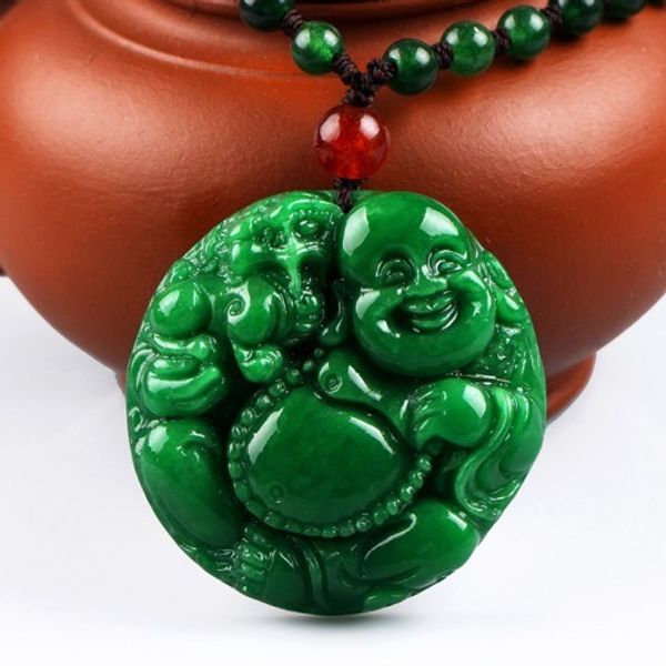 

natural double sided hand-carved green emerald jade pendant happy lucky buddha jade pendant necklace for women men, Silver