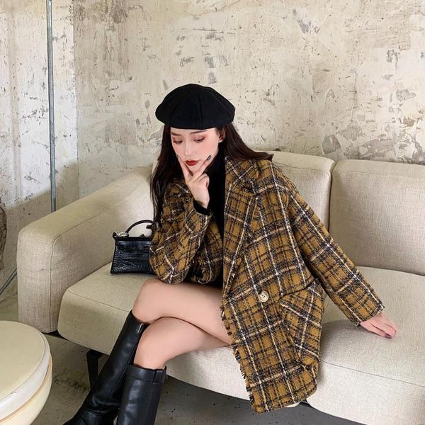 women's wool & blends vintage plaid coat turn-down collar long sleeve loose woolen coats button women outerwear, Black
women's wool & blends vintage plaid coat turn-down collar long sleeve loose woolen coats button women outerwear, Black