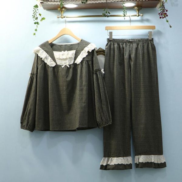 women full sleeve 100% cotton comfortable pajamas set peter pan doll collar cute vintage lolita mori girl plaid lace sleepwear, Black;red
women full sleeve 100% cotton comfortable pajamas set peter pan doll collar cute vintage lolita mori girl plaid lace sleepwear, Black;red