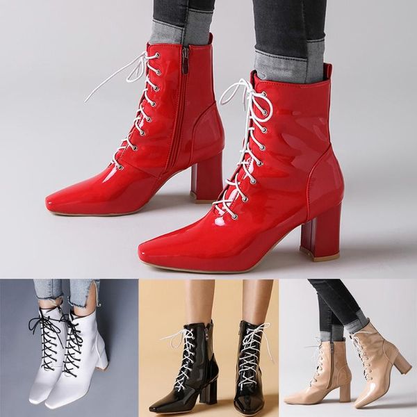 fashion women square heels lace-up solid color short booties pointed toe shoes, Black
fashion women square heels lace-up solid color short booties pointed toe shoes, Black