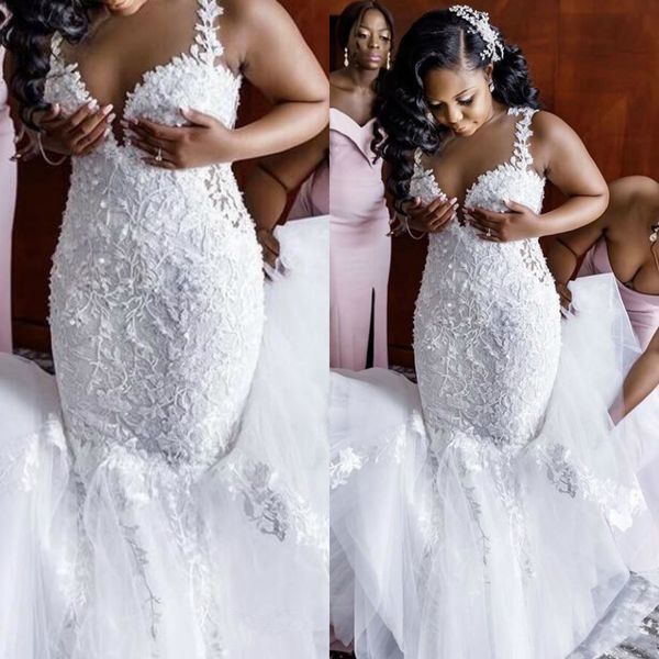 2020 new african lace wedding dress mermaid plus size floral appliques spaghetti straps sleeveless bridal gowns, White
2020 new african lace wedding dress mermaid plus size floral appliques spaghetti straps sleeveless bridal gowns, White