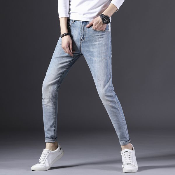 men's slim fit jeans high leisure waist jeans street fashion style stretch pants man bottoms damaged by washing ankle pants, Blue
men's slim fit jeans high leisure waist jeans street fashion style stretch pants man bottoms damaged by washing ankle pants, Blue