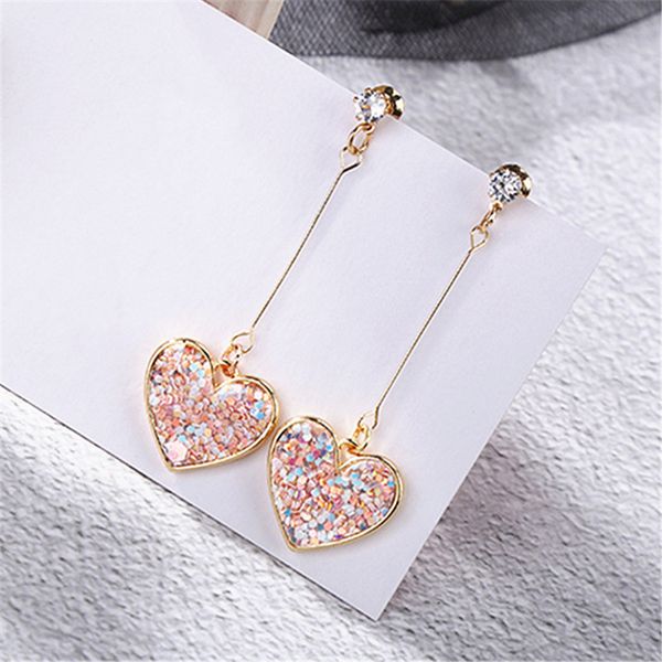 korea small fresh pink sequin love earrings for women sweet crystal heart long earrings female jewelry oorbellen pendientes boho, Silver 
korea small fresh pink sequin love earrings for women sweet crystal heart long earrings female jewelry oorbellen pendientes boho, Silver