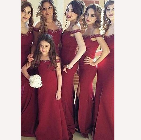 dark red off shoulder junior girls bridesmaids dresses with sleeves crystal beaded satin sheath long wedding party formal dress, White;pink
dark red off shoulder junior girls bridesmaids dresses with sleeves crystal beaded satin sheath long wedding party formal dress, White;pink