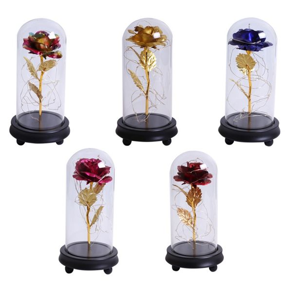 colorful gold foil rose flower in glass dome with led light string the gift for anniversary valentine's day
colorful gold foil rose flower in glass dome with led light string the gift for anniversary valentine's day