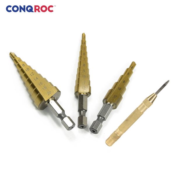 4 pieces 3~12mm 4~12mm 4~20mm hss step drill bits set hex shank with 130mm center punch
4 pieces 3~12mm 4~12mm 4~20mm hss step drill bits set hex shank with 130mm center punch