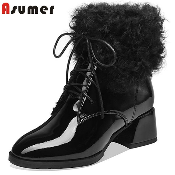 asumer 2020 new fashion ankle boots women patent leather thick fur lace up square heels dress party shoes ladies winter boots, Black
asumer 2020 new fashion ankle boots women patent leather thick fur lace up square heels dress party shoes ladies winter boots, Black