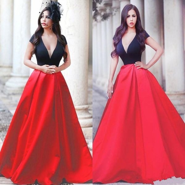 prom dresses arabic black red satin deep v-neck a line evening dresses cap sleeves floor length women formal prom gowns 145
prom dresses arabic black red satin deep v-neck a line evening dresses cap sleeves floor length women formal prom gowns 145