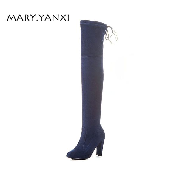

spring/autumn women shoes over-the-knee boots flock nubuck round toe big size high heels cross-tied lace-up lady long boots, Black