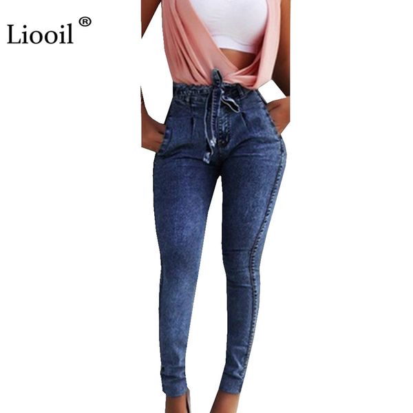 

liooil 2019 blue skinny denim jeans womens with tassel high waist pencil pants knotted bottoms wash distressed jean trouser