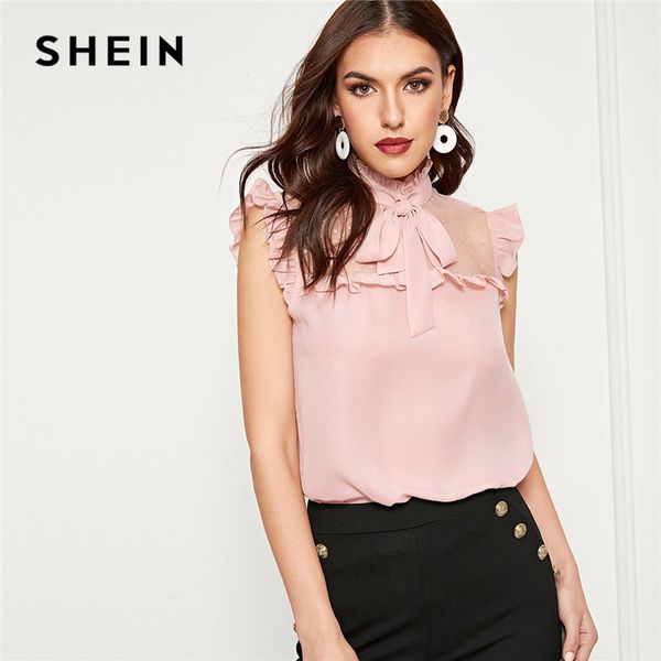 shein pink dot mesh insert frilled tie neck shell blouse women summer solid sleeveless elegant workwear office lady blouses, White
shein pink dot mesh insert frilled tie neck shell blouse women summer solid sleeveless elegant workwear office lady blouses, White