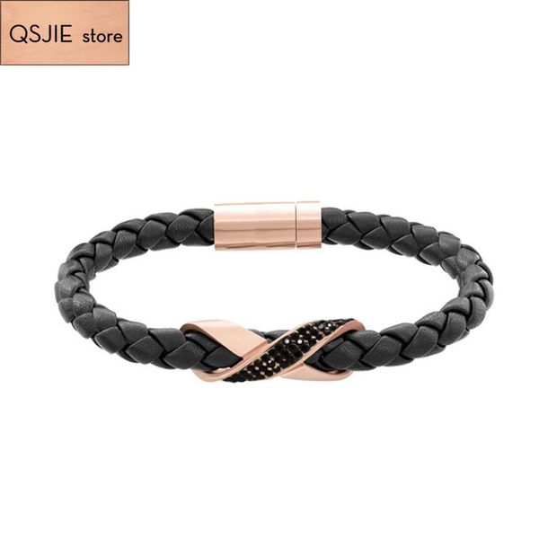 

swa rose gold eight character woven men and women's black leather rope bracelet, Golden;silver