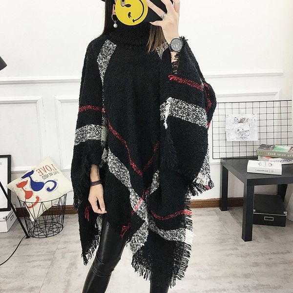 2018 autumn 13 colors women wool plaid cardigan casual style turtleneck tassel cape batwing sleeve knit sweater, White;black
2018 autumn 13 colors women wool plaid cardigan casual style turtleneck tassel cape batwing sleeve knit sweater, White;black