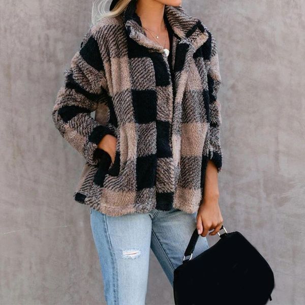 korean women autumn winter cardigan female plush jacket lapel faux fur plaid overcoat ladies fashion loose warm pocket outwear, Black;brown 
korean women autumn winter cardigan female plush jacket lapel faux fur plaid overcoat ladies fashion loose warm pocket outwear, Black;brown