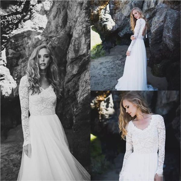 elegant bohemian wedding dresses v neck lace long sleeve country bridal gowns open back tulle princes plus size wedding dresses, White
elegant bohemian wedding dresses v neck lace long sleeve country bridal gowns open back tulle princes plus size wedding dresses, White