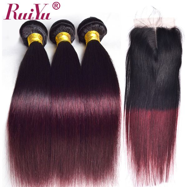 

ruiyu ombre brazilian straight hair weave bundles with closure 1b/burgundy two tone colored remy human hair wefts with closure 99j wine red, Black;brown