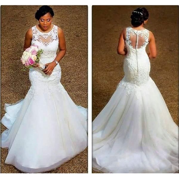 stylish mermaid plus size wedding dresses sheer jewel neck hollow back lace bridal gown sweep train tulle vestidos de novia, White 
stylish mermaid plus size wedding dresses sheer jewel neck hollow back lace bridal gown sweep train tulle vestidos de novia, White