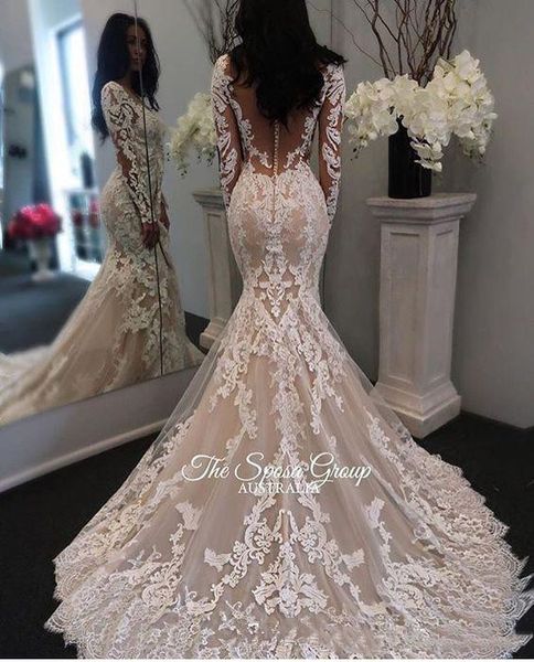 2019 new illusion long sleeve lace mermaid wedding dress tulle applique court bridal gown with button, White
2019 new illusion long sleeve lace mermaid wedding dress tulle applique court bridal gown with button, White