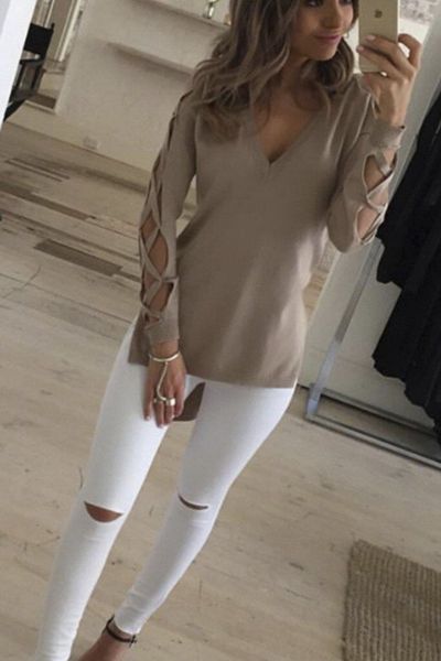 deep v hollow cut out sleeve tee shirt harajuku women t shirts short front long back tees split cool, White
