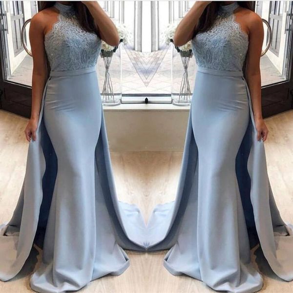 2018 Light Sky Blue Overskirt Prom Dresses High Neck Halter Backless Appliques Lace Long Formal Evening Party Gowns Vestidos De Fiesta
2018 Light Sky Blue Overskirt Prom Dresses High Neck Halter Backless Appliques Lace Long Formal Evening Party Gowns Vestidos De Fiesta