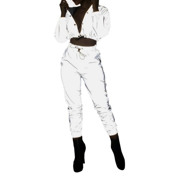 ladies set lapel pocket zipper umbilical shirt high waist trousers reflective sports suit, White
ladies set lapel pocket zipper umbilical shirt high waist trousers reflective sports suit, White