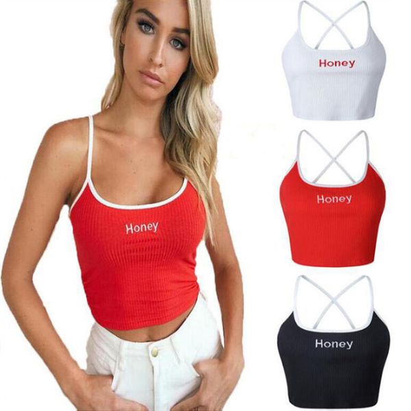 women crop honey letter embroidery cropped ladies spaghetti strap elastic shirt new summer vest camisole, Black;white
women crop honey letter embroidery cropped ladies spaghetti strap elastic shirt new summer vest camisole, Black;white