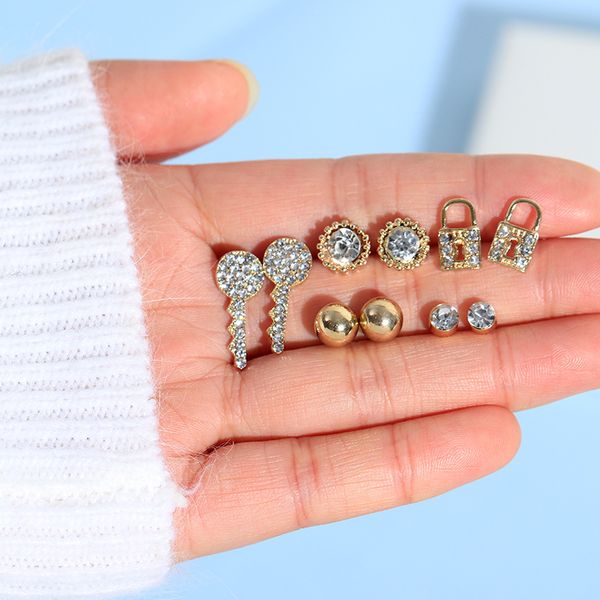 5 pairs women metal lock and key small stud earrings sets girl child ball geometric mini ear nails kits gold earring jewelry, Golden;silver
5 pairs women metal lock and key small stud earrings sets girl child ball geometric mini ear nails kits gold earring jewelry, Golden;silver