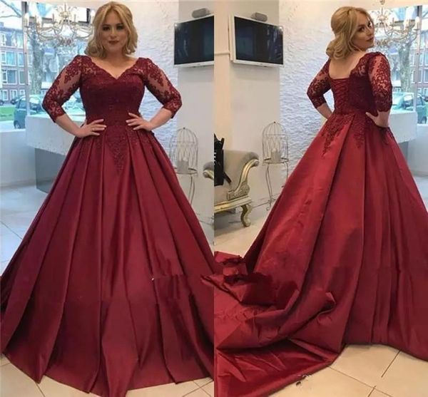 dark red plus size 3/4 long sleeves lace prom dresses 2019 with beads appliques arabic court train satin formal evening party gowns, Black
dark red plus size 3/4 long sleeves lace prom dresses 2019 with beads appliques arabic court train satin formal evening party gowns, Black