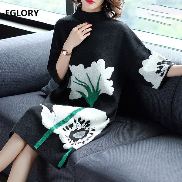 european plus size dress 2020 autumn winter fashion knitted sweater dress women big floral print mid-calf casual jumper, White;black
european plus size dress 2020 autumn winter fashion knitted sweater dress women big floral print mid-calf casual jumper, White;black