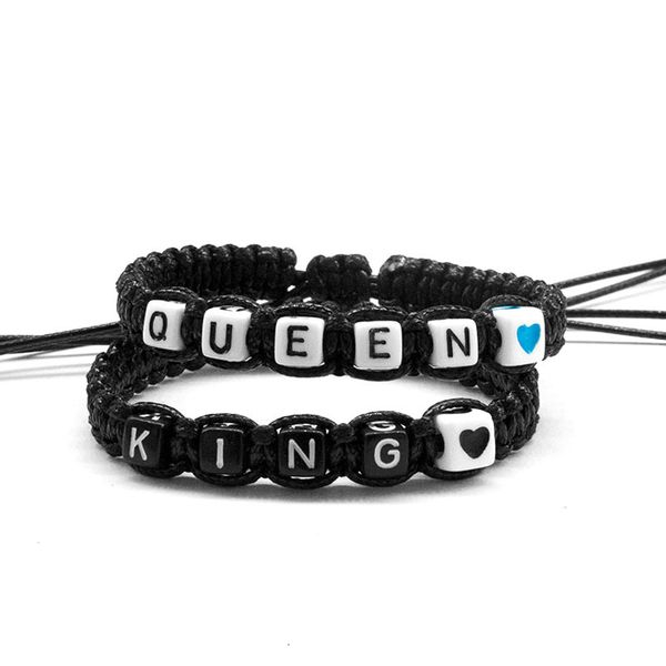 2pcs/pair couple bracelets king queen with black blue heart beads rope chains size adjustable lovers gifts charm bracelets, Golden;silver 
2pcs/pair couple bracelets king queen with black blue heart beads rope chains size adjustable lovers gifts charm bracelets, Golden;silver