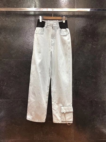 and autumn winter 2019 new women's symmetrical pocket half elastic waist chain all over denim casual pants 1109, Blue
and autumn winter 2019 new women's symmetrical pocket half elastic waist chain all over denim casual pants 1109, Blue
