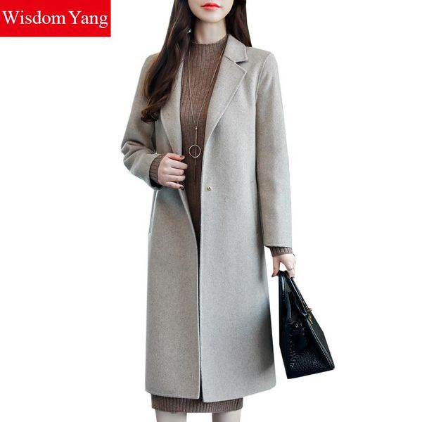 

elegant grey winter coat sheep wool casual korean coats xlong women 2018 female button woolen overcoat slim ladies outerwear, Black