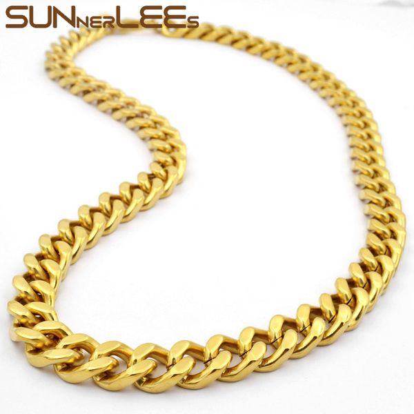 

sunnerlees fashion jewelry 316l stainless steel necklace 12mm huge curb cuban link chain gold color for men women sc907 n, Silver