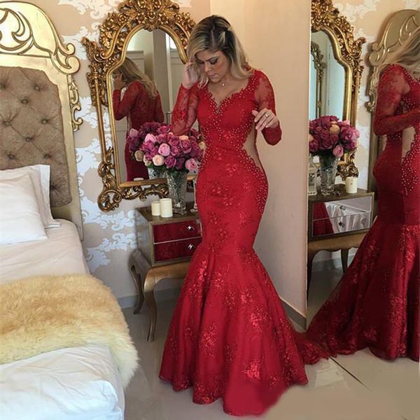 2020 red vintage lace prom dresses cutaway sides sheer long sleeves lace beading mermaid formal evening gowns floor length custom made, Black
2020 red vintage lace prom dresses cutaway sides sheer long sleeves lace beading mermaid formal evening gowns floor length custom made, Black