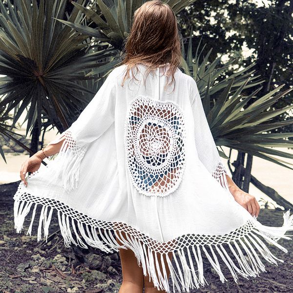 women's swimwear 2021 crochet white tassel chiffon hollow beach cover up dress tunic long pareos bikinis ups robe plage beachwear, White;black
women's swimwear 2021 crochet white tassel chiffon hollow beach cover up dress tunic long pareos bikinis ups robe plage beachwear, White;black