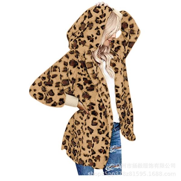 women leopard print loose pocket lint loose coat fashion plush warm hooded jacket female outwear plus size coat, Black
women leopard print loose pocket lint loose coat fashion plush warm hooded jacket female outwear plus size coat, Black