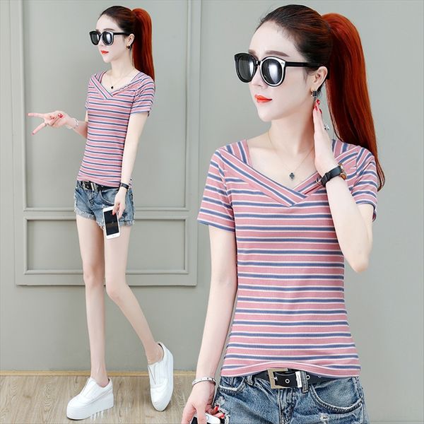 striped t-shirt women's thin knitwear short-sleeved summer dress 2020 short slim western style v-neck top, White
striped t-shirt women's thin knitwear short-sleeved summer dress 2020 short slim western style v-neck top, White
