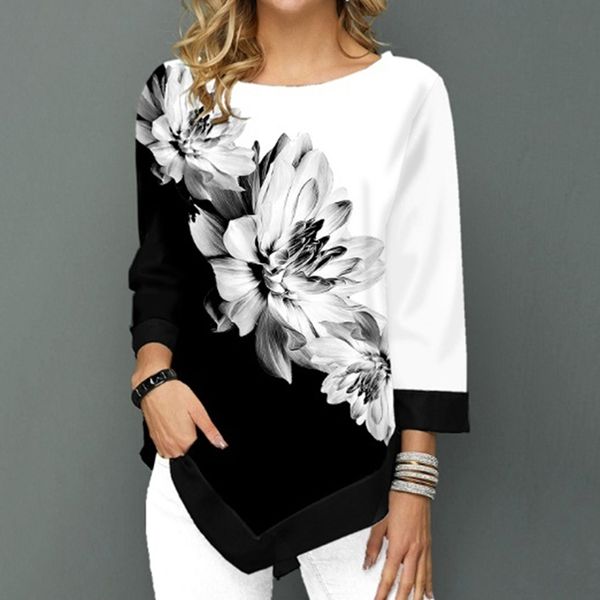 t shirt women plus size three quarter ladies tee shirts floral print loose casual female irregular autumn clothes, White
t shirt women plus size three quarter ladies tee shirts floral print loose casual female irregular autumn clothes, White