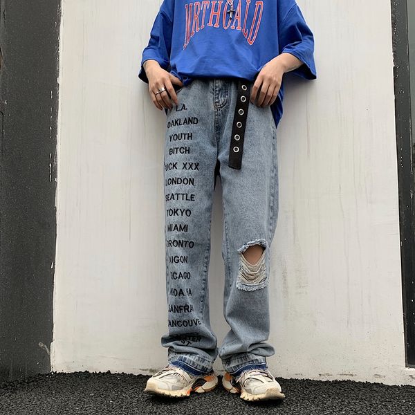 english letter print streetwear ripped hole denim loose straight jeans women man korean harajuku harem hip hop trouser pant punk, Blue
english letter print streetwear ripped hole denim loose straight jeans women man korean harajuku harem hip hop trouser pant punk, Blue
