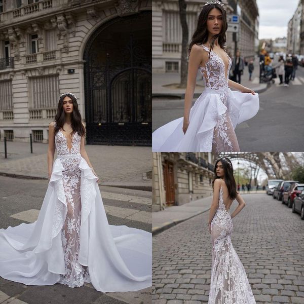 vintage lace appliqued mermaid wedding dresses with detachable train luxury deep v neck sheath open back bridal gown, White
vintage lace appliqued mermaid wedding dresses with detachable train luxury deep v neck sheath open back bridal gown, White
