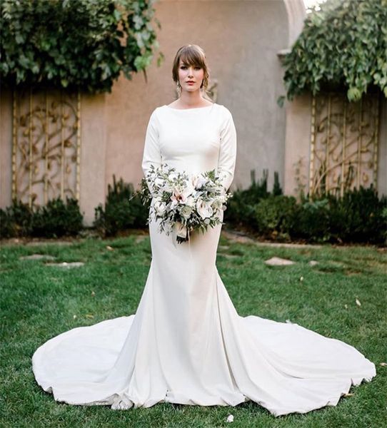 modest design long sleeve spandex wedding dress mermaid simple style small round neck long trail bridal gowns custom size, White
modest design long sleeve spandex wedding dress mermaid simple style small round neck long trail bridal gowns custom size, White