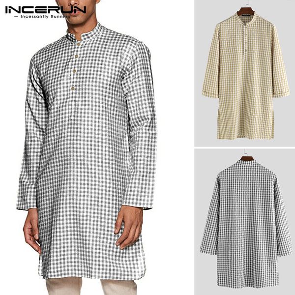 men's casual shirts incerun men long vintage plaid shirt man sleeve stand collar robe loose muslim blouse streetwear 5xl, White;black
men's casual shirts incerun men long vintage plaid shirt man sleeve stand collar robe loose muslim blouse streetwear 5xl, White;black