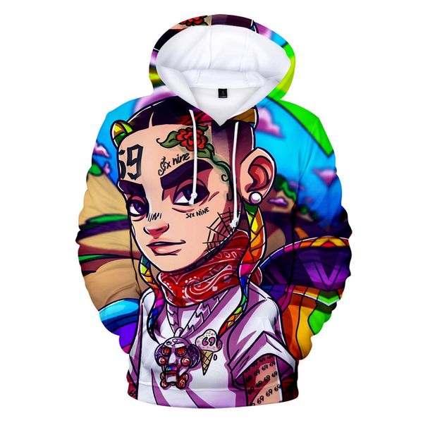 

6ix9ine mens hoodies 3d printed hooded spring casual long sleeved sweatshirts pullovers, Black